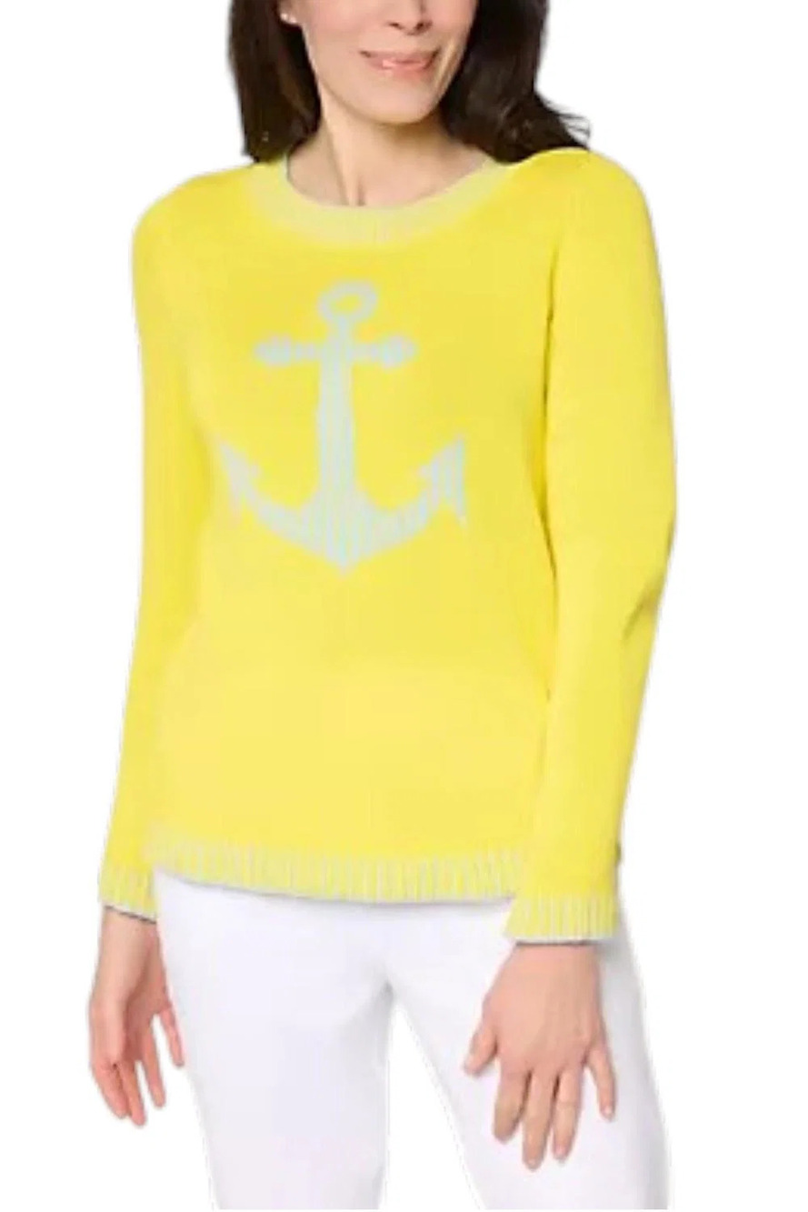 Joan Rivers Intarsia Stripe Anchor Sweater with Rb Detail Buttercup - Regular